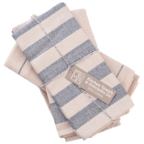 MEEMA Kitchen Towels - Super Absorbent Upcycled Cotton, Stylish Blue Striped - Set of 4, 20x28 Inch