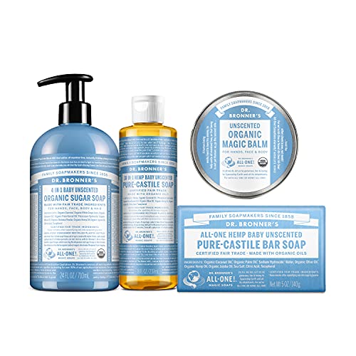 Dr. Bronner's Baby Unscented Soap Set - Biodegradable, Vegan, Cruelty-Free - 24oz Sugar Soap & More