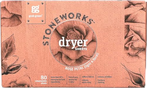 Grab Green Stoneworks Dryer Sheets - Softens Fabrics, Reduces Static & Wrinkles - Rose Petal 80ct