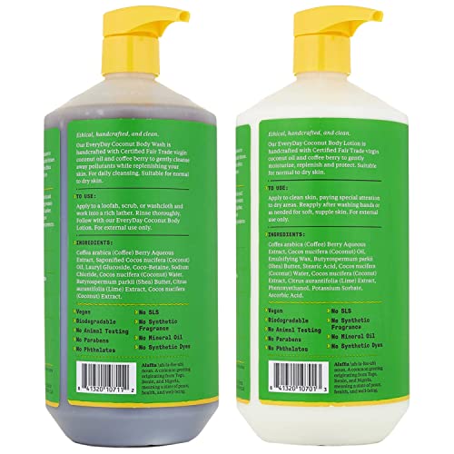 Alaffia Coconut Body Wash & Lotion - Hydrating, Fair Trade Ingredients, Coconut Lime - 32 Fl Oz Each