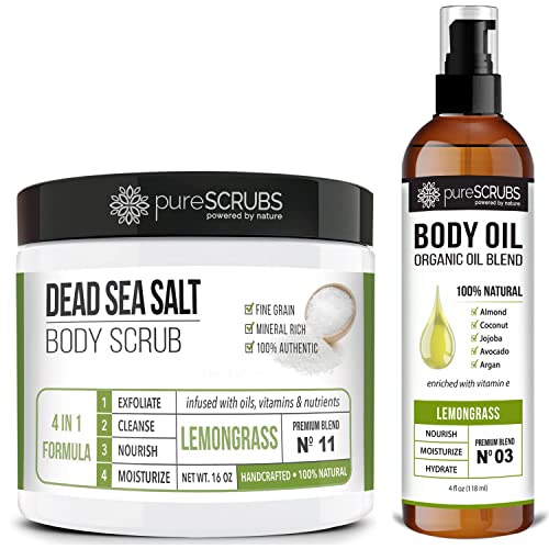 pureSCRUBS Lemongrass Body Scrub & Oil Bundle - Exfoliates, Nourishes & Hydrates - 10oz