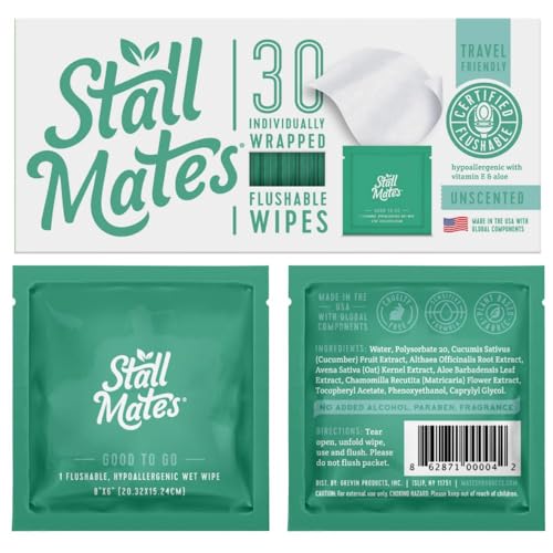 Stall Mates Adult Hygienic Wipes - Flushable, Hypoallergenic, Aloe & Chamomile - 30 Singles