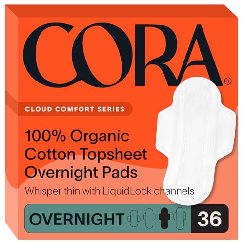 Cora Menstrual Pads - Ultra-Thin, 100% Organic Cotton, Overnight Absorbency - 36 Count