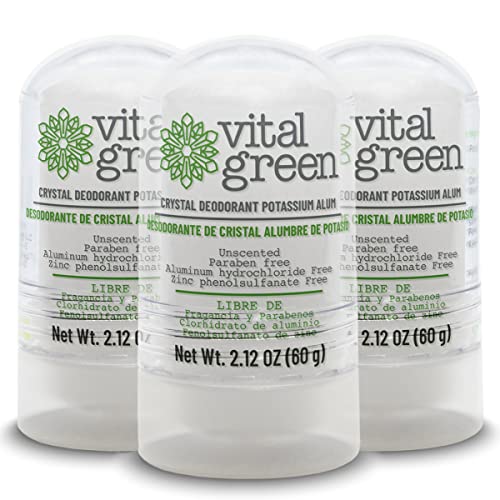 Vital Green Crystal Deodorant - 24-Hour Protection, Aluminum-Free, Unscented - 3 Units, 2.12oz