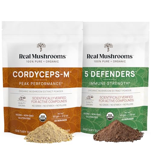 Real Mushrooms Cordyceps & 5 Defenders Bundle - Energy, Immune Support, Vegan - 60g & 45g