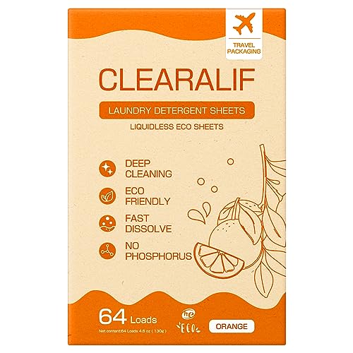 CLEARALIF Laundry Detergent Sheets - Powerful Stain Remover, Hypoallergenic, 64 Loads, Orange