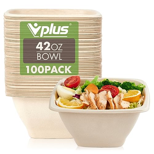 Vplus 42 OZ Compostable Paper Bowls - Heavy-Duty, Leak-Resistant, 100 Pack for All Foods