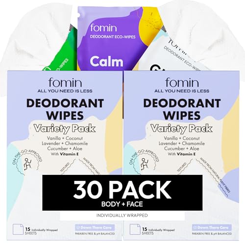 FOMIN Travel Deodorant Wipes - pH Balanced, Hypoallergenic, 100% Biodegradable - 30 Count