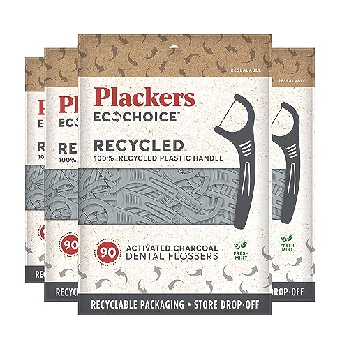 Plackers Activated Charcoal Dental Flossers - BPA-Free, Fresh Mint, 100% Recycled - 90 Count