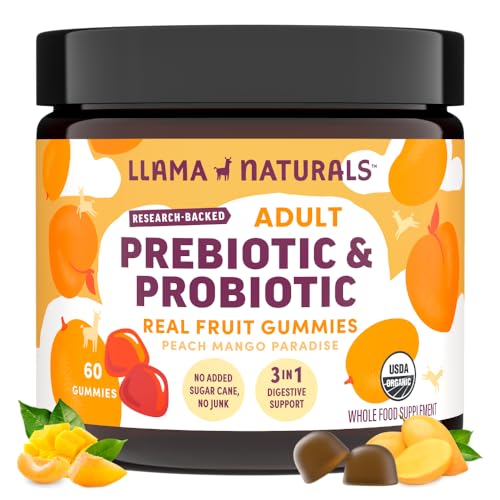 Llama Naturals Probiotic Gummies - Digestive Support, Vegan, Organic Ingredients - 60 ct Peach Mango