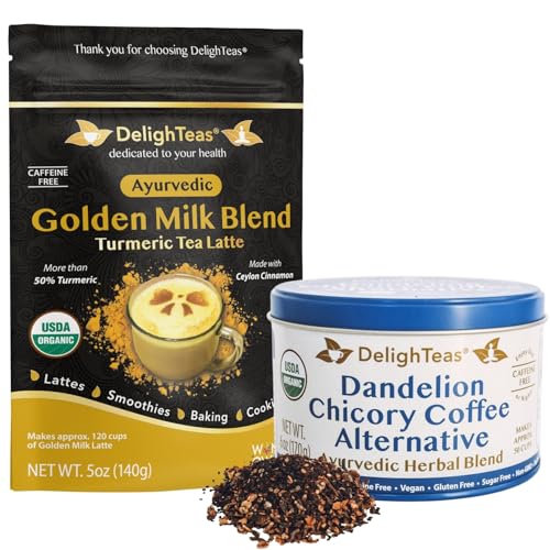 DelighTeas Herbal Coffee Bundle - Caffeine Free, Keto, USDA Organic - 2 Pack of Golden Milk & Coffee