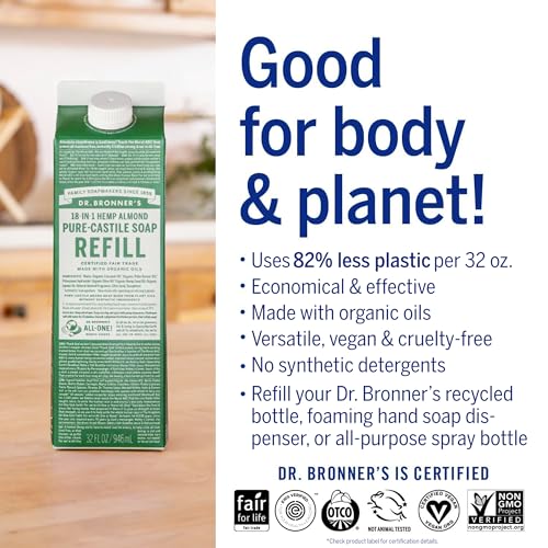 Dr. Bronner's Pure-Castile Liquid Soap - Organic, Vegan, Multi-Use, 82% Less Plastic - Almond, 32oz