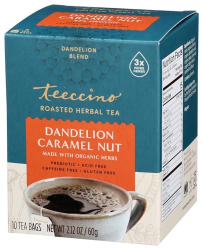 Teeccino Dandelion Caramel Nut Tea - Caffeine-Free, Prebiotic Herbal Blend - 10 Tea Bags