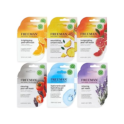 Freeman Naturals Facial Mask Variety Bundle - Hydrating & Brightening, Natural Ingredients - 12 Pack