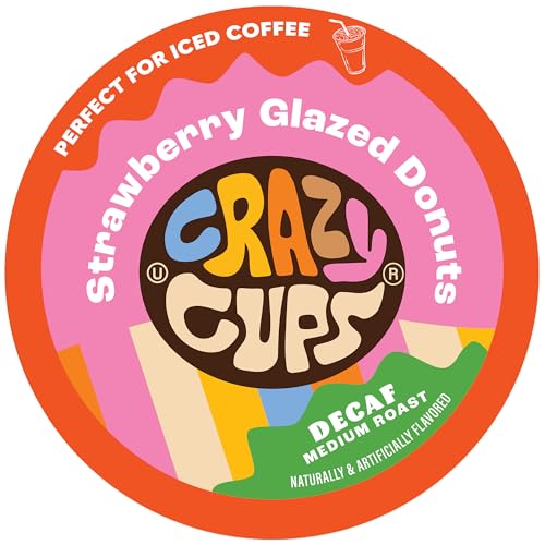 Crazy Cups Decaf Coffee Pods - Rich Strawberry Glazed Donut Flavor, Vegan, 22 Count