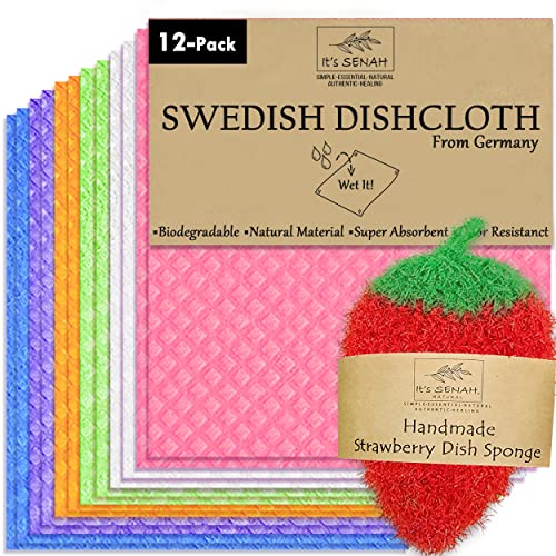 Natural Swedish Dish Cloths - Highly Absorbent, Reusable, Biodegradable - 12 Pack + 1 Loofah