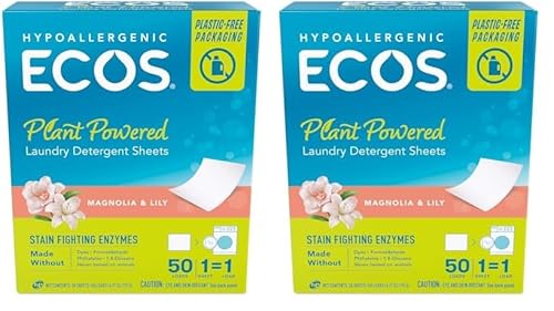 ECOS Laundry Detergent Sheets - Plant-Powered, Hypoallergenic, Mess-Free - 50 Count (Pack of 2)