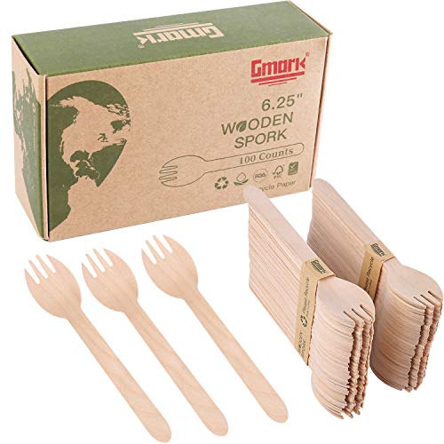 Gmark Wooden Spork - Biodegradable Cutlery, Smooth Birchwood, 100 Pack - 6.25" Length