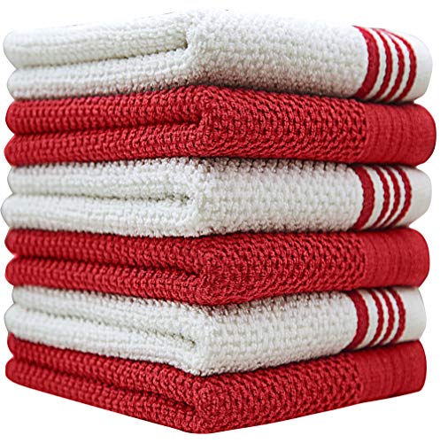 Bumble Premium Kitchen Towels - Highly Absorbent Cotton, 6 Pack with Hanging Loop - 16"x28" Red