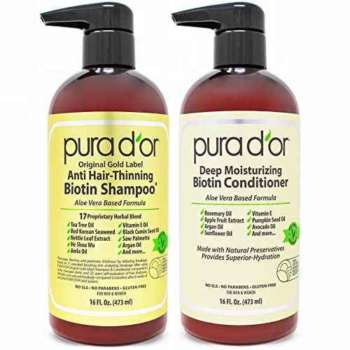 PURA D'OR Hair Care Set - Biotin DHT Blocker for Thicker Hair, Organic Ingredients - 16oz x2