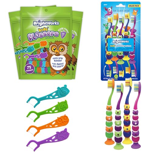 BrightWorks Kids Dental Care - Grape-Flavored Floss Picks & Fun Toothbrushes, 75 Count (Pack of 3)