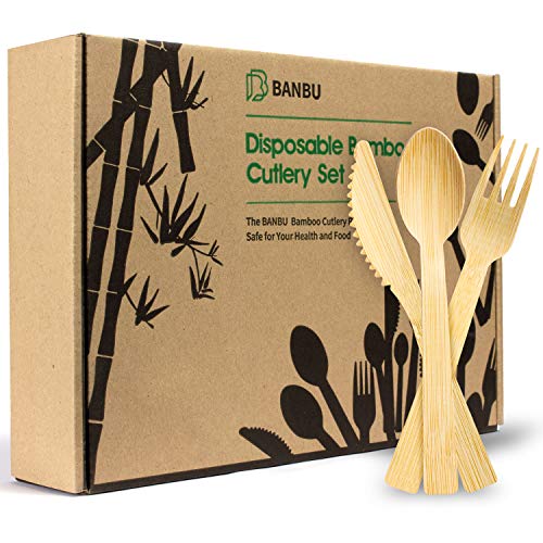 Bamboo Disposable Utensils Set - Biodegradable, Chemical-Free, 200-Piece Forks, Spoons, Knives