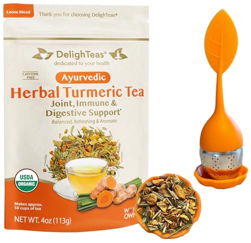 DelighTeas Ayurvedic Turmeric Ginger Tea - Joint & Immune Support, USDA Organic - 50 Servings