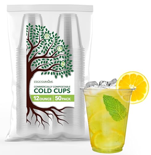 Stock Your Home Compostable Cold Cups - Plant-Based, BPA-Free, 12oz, 50 Pack