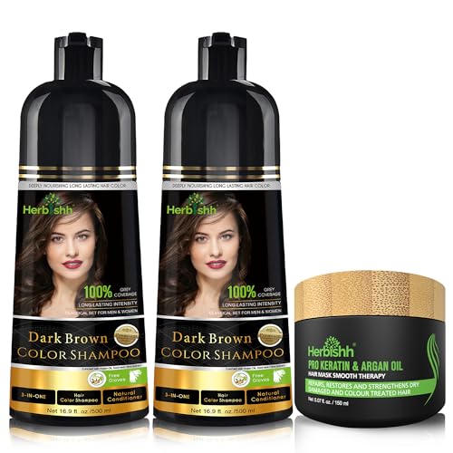 Herbishh Dark Brown Hair Dye Shampoo + Argan Mask - Moisturizes & Colors in 10 Min - 500ml