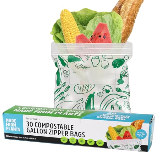 Lunchskins Ziptop Food Storage Bags - Gallon Size, Compostable, Freezer-Safe, 30 Bags