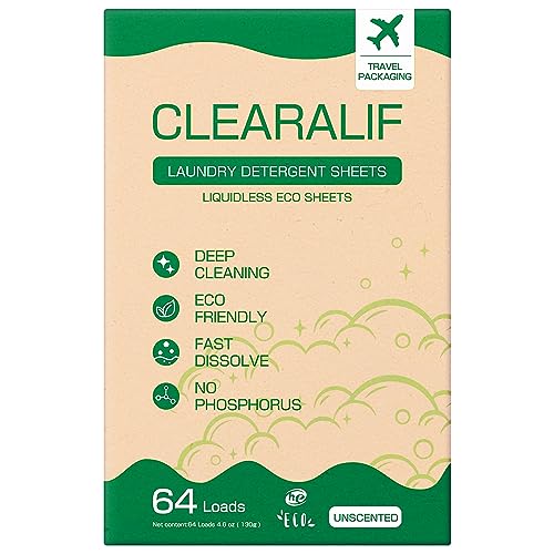 CLEARALIF Laundry Detergent Sheets - Powerful Stain Removal, Hypoallergenic, 64 Loads