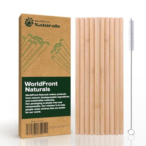 WorldFront Naturals Reusable Bamboo Straws Set - Durable, All-Purpose with Cleaning Brush - 10 Pack