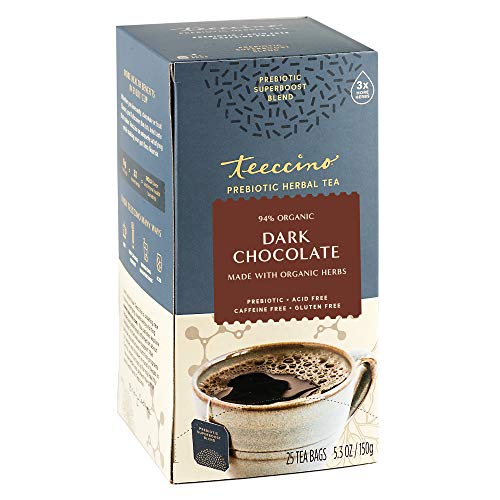 Teeccino Dark Chocolate Herbal Tea - Gut Health Support with Vegan Prebiotics - 25 Tea Bags