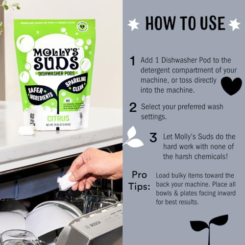 Molly's Suds Dishwasher Pods - Natural Grease Cutter, Residue-Free Clean, 60 Auto-Release Tabs