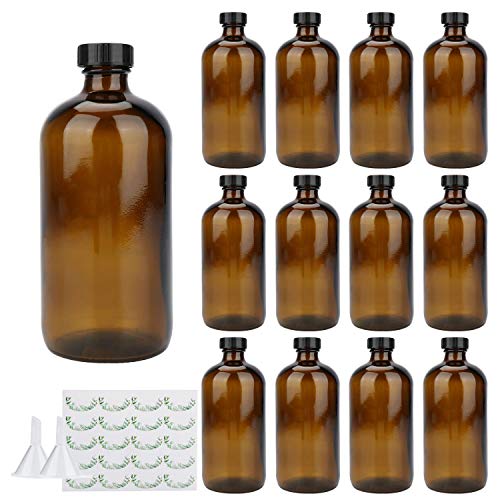 Maredash 16oz Amber Glass Storage Bottles - BPA-Free, Leak-Proof, 12 Pack with Funnels