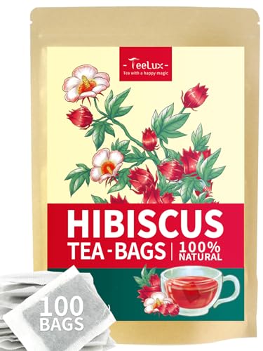 TeeLux Hibiscus Tea Bags - Refreshing Tart Flavor, Caffeine-Free, 100 Count Compostable Bags