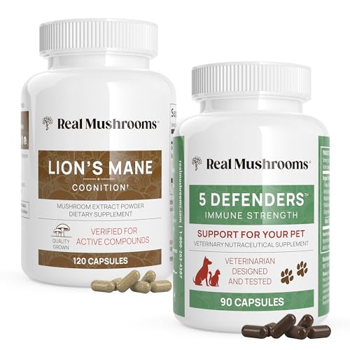 Real Mushrooms Lion's Mane & 5 Defenders - Cognitive & Immune Support, Vegan, Organic - 120ct/90ct