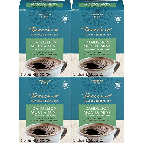 Teeccino Dandelion Mocha Mint Tea - Detoxifying, Prebiotic Gut Health, Caffeine Free - 40 Tea Bags