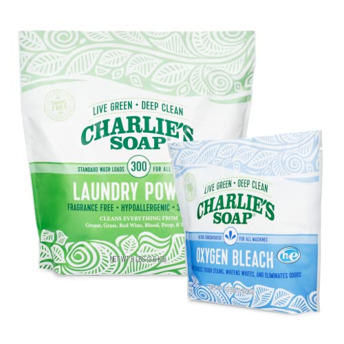 Charlie's Soap Laundry Detergent & Oxygen Bleach - Hypoallergenic, Color Safe, 300 Loads - 9.3 lb