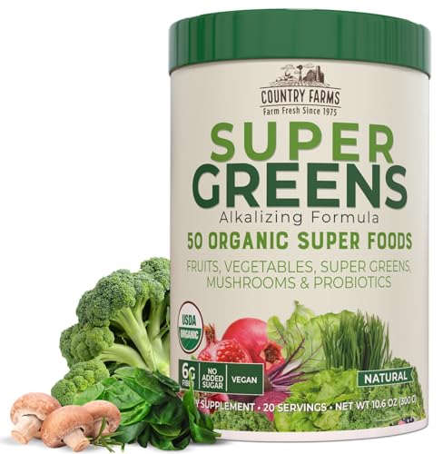 Country Farms Super Greens Drink Mix - Boosts Energy & Immunity, 50 Organic Superfoods - 20 Servings