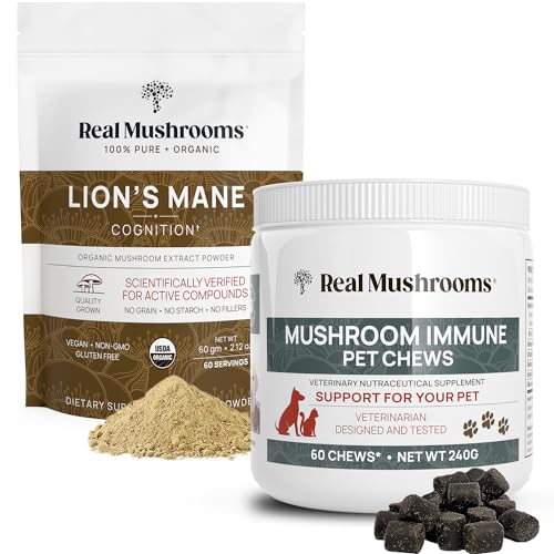 Real Mushrooms Lion's Mane & Pet Immune Chews - Boost Cognition & Immunity, Vegan - 60g & 60ct