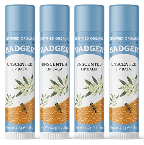 Badger Lip Balm - Moisturizing & USDA Certified Organic, Unscented, 4 Pack - 0.15 oz Each