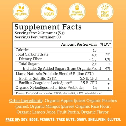 Llama Naturals Probiotic Gummies - Digestive Support, Vegan, Organic Ingredients - 60 ct Peach Mango