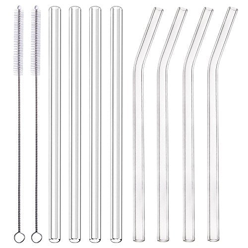 ALINK Glass Drinking Straw Set - Durable, BPA-Free, 10” Long, Pack of 8 with Cleaning Brushes