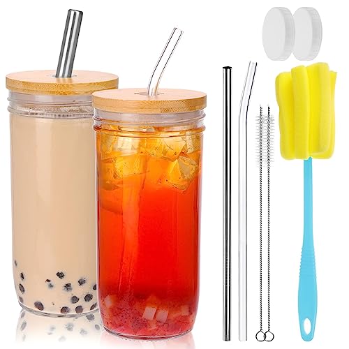 Moretoes 24oz Glass Drinking Cups Set - BPA-Free, Reusable Straws & Lids, Dishwasher Safe - 2pcs