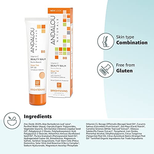 Andalou Naturals BB Cream - Sheer Tint, SPF 30 Protection, Vegan & Non-GMO - 2 Fl Oz