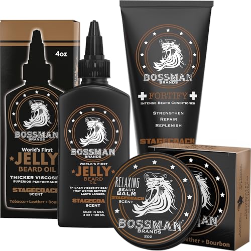 Bossman Essentials Beard Kit - Moisturizing, Strengthening Treatment, All-Natural - 3-Piece Set