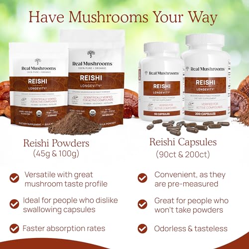 Real Mushrooms Reishi Capsules - Organic Red Reishi Extract, Vegan & Non-GMO - 90 Caps