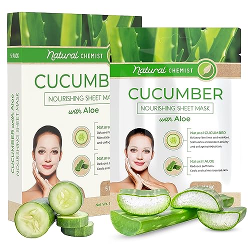 Natural Chemist Cucumber & Aloe Sheet Mask - Hydrating, Cooling Relief for All Skin Types - 5 Masks