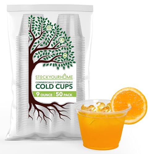 Stock Your Home Compostable Cold Cups - BPA-Free, 9oz Plant-Based, 50 Pack for Events